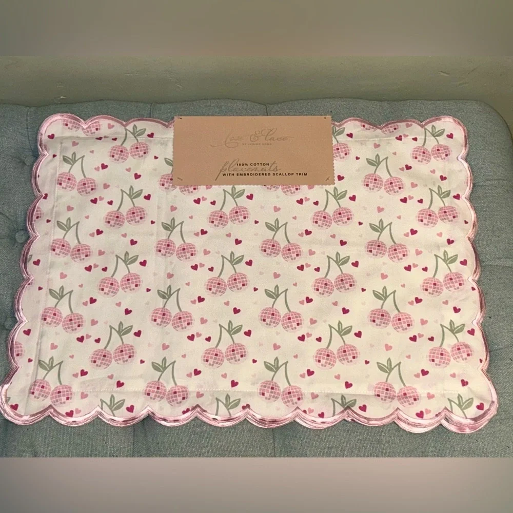 SET OF 4 CHERRY DISCO BALL PLACEMENTS NWTS MADE BY LOVE & LACE BY INDIGO HOME.